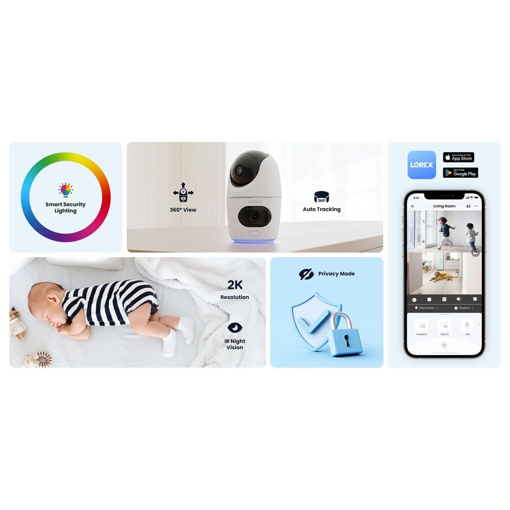 Lorex 2K Dual Lens Indoor Pan-Tilt Wi-Fi Security Camera in White, , large