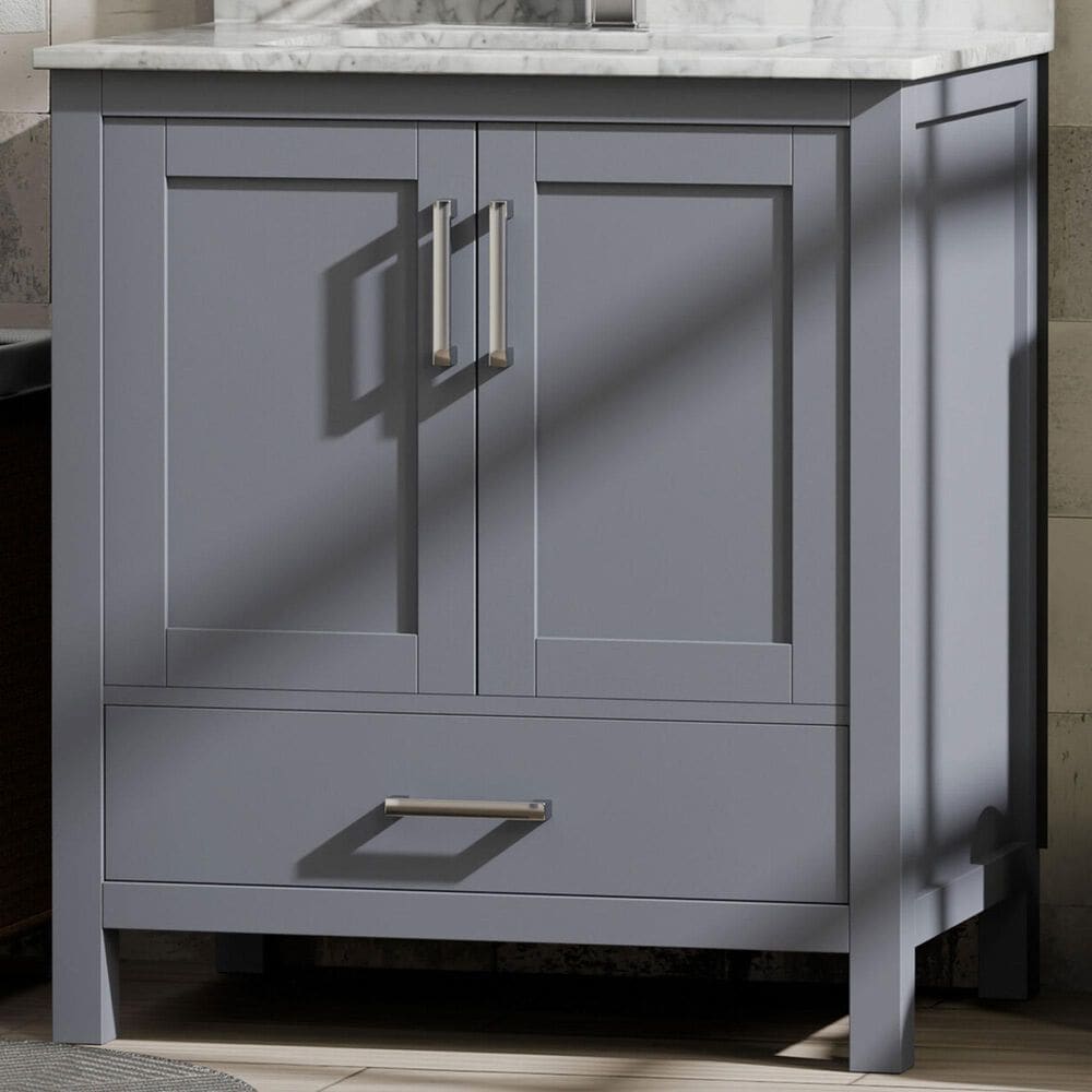 Lexora Home Jacques 30" Single Bathroom Vanity in Dark Grey with 2 cm White Carrara Marble Top and Rectangular Sink, , large