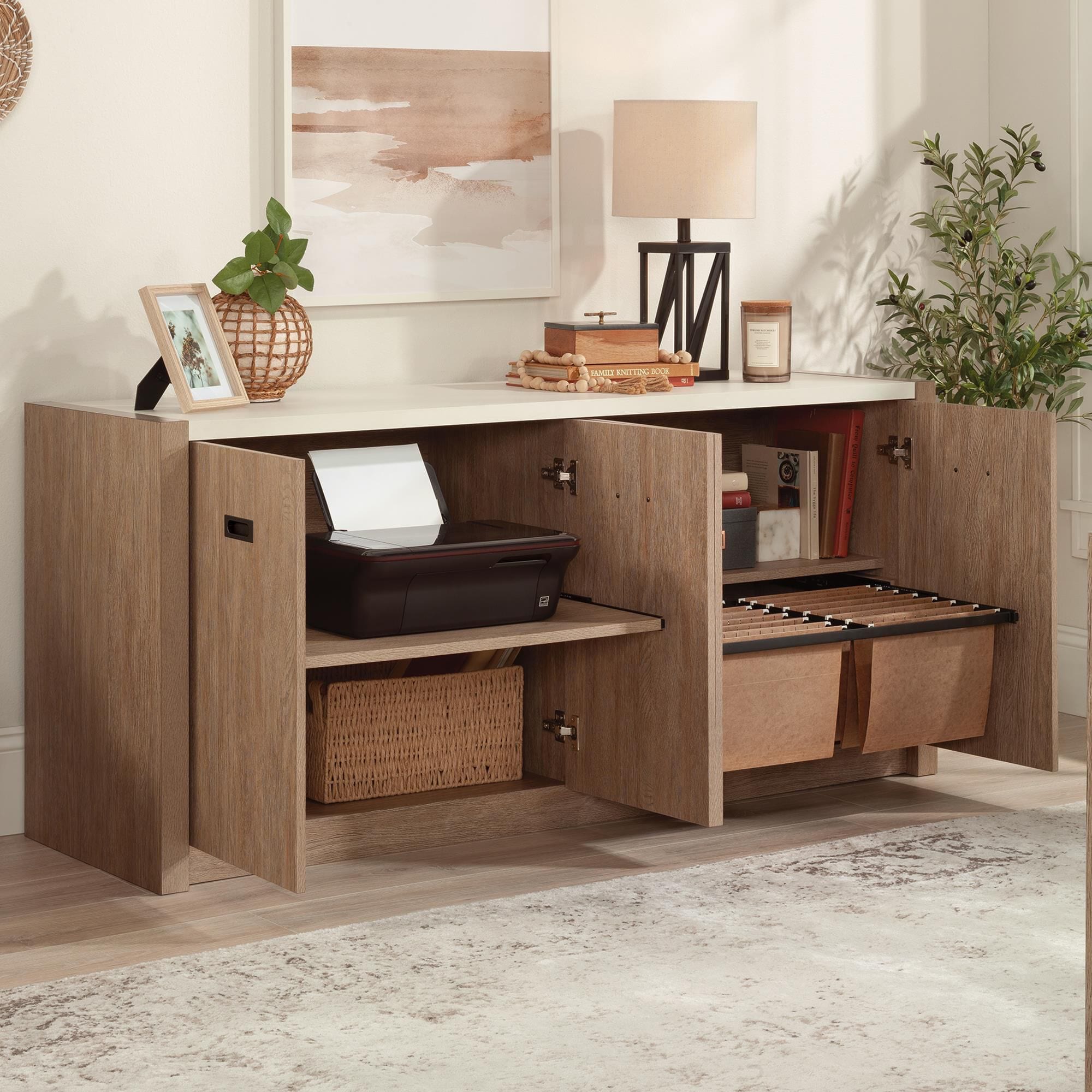 Sauder Dixon City 4 Door Accent Storage Cabinet in Brushed Oak NFM