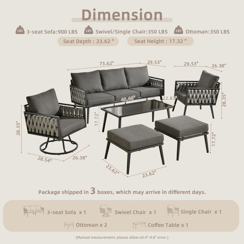 HOMLUX 6-Piece Patio Conversation Set with Woven Sling Fabric in Black, , large