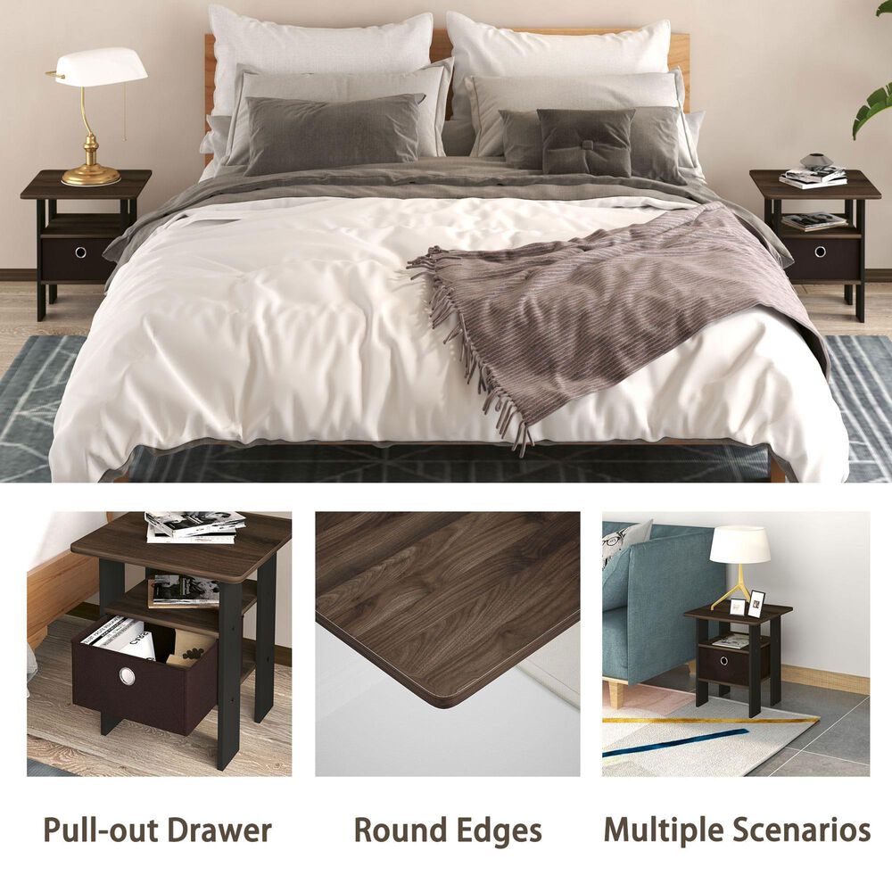 HOMLUX 2-Piece 1-Shelf End Table with Bin Drawer in Walnut and Dark Brown, , large