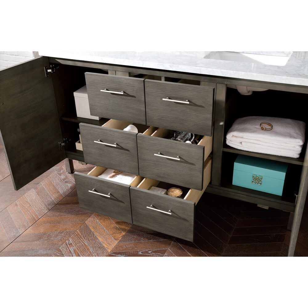 James Martin Metropolitan 60" Double Bathroom Vanity in Silver Oak with 3 cm Carrara White