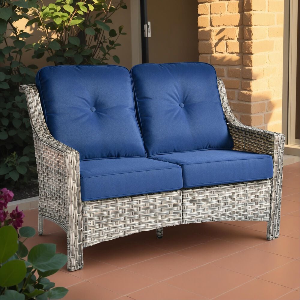 HOMLUX Outdoor Rattan Loveseat with Ergonomic in Navy Blue, , large