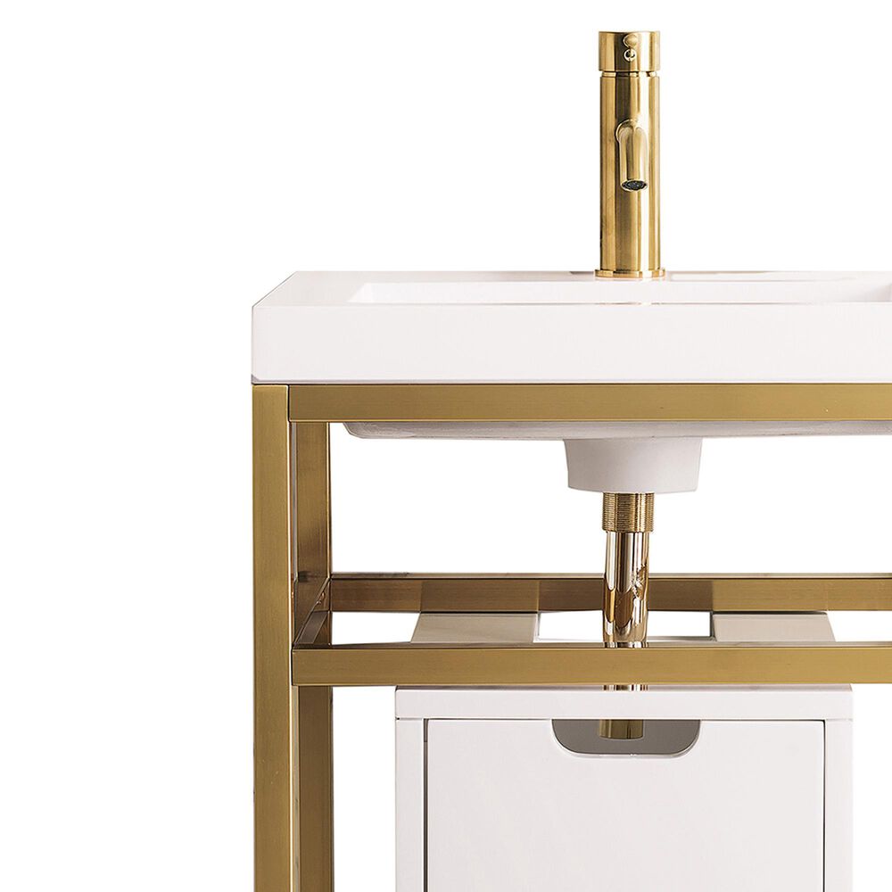 James Martin Vanities Boston 20&quot; Single White Door Bathroom Vanity in Radiant Gold with 3 cm White Glossy Resin Countertop and Rectangular Sink, , large
