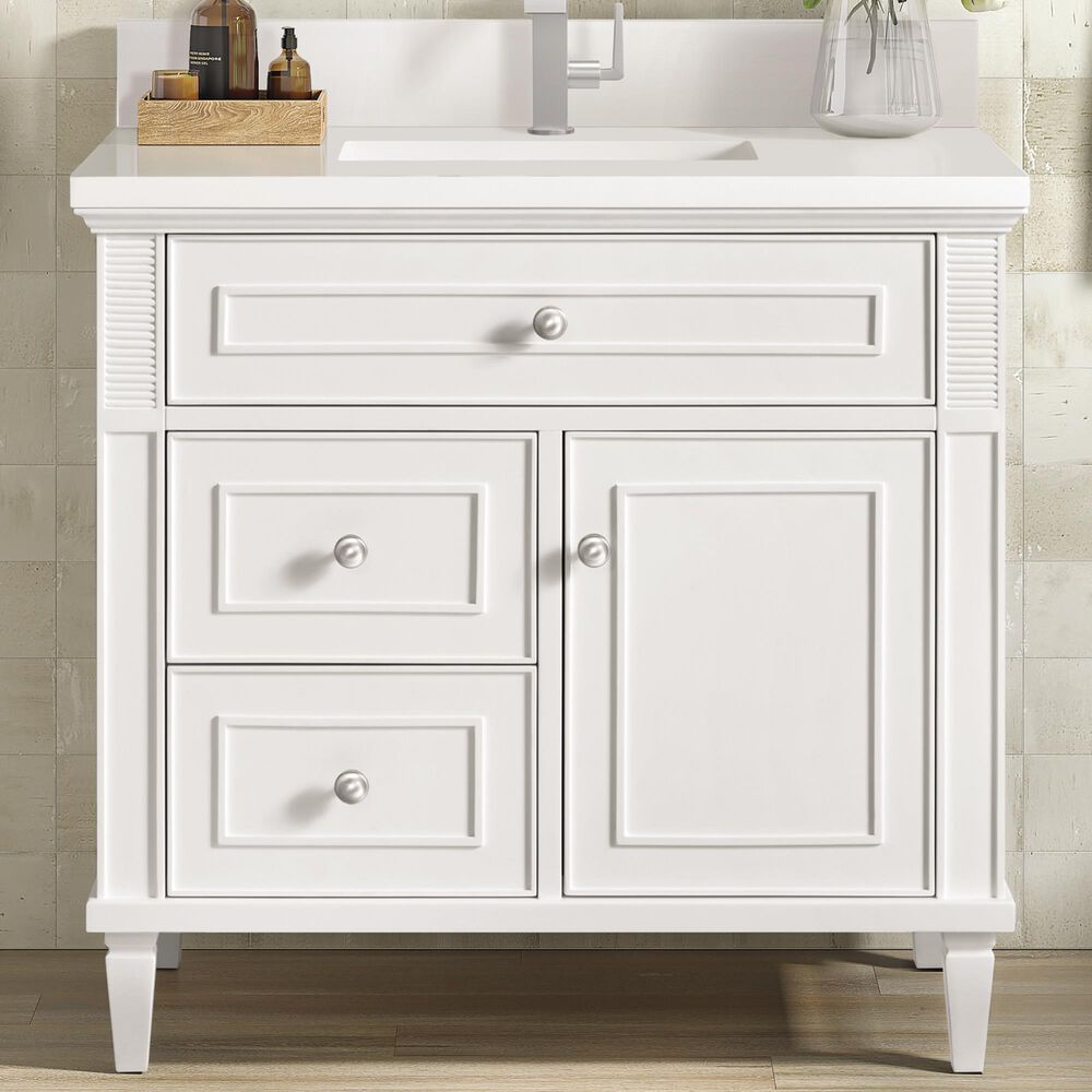 James Martin Vanities Lorelai 36&quot; Single Vanity in Bright White with Single Hole 3 cm White Zeus Quartz Top &amp; Backsplash, , large