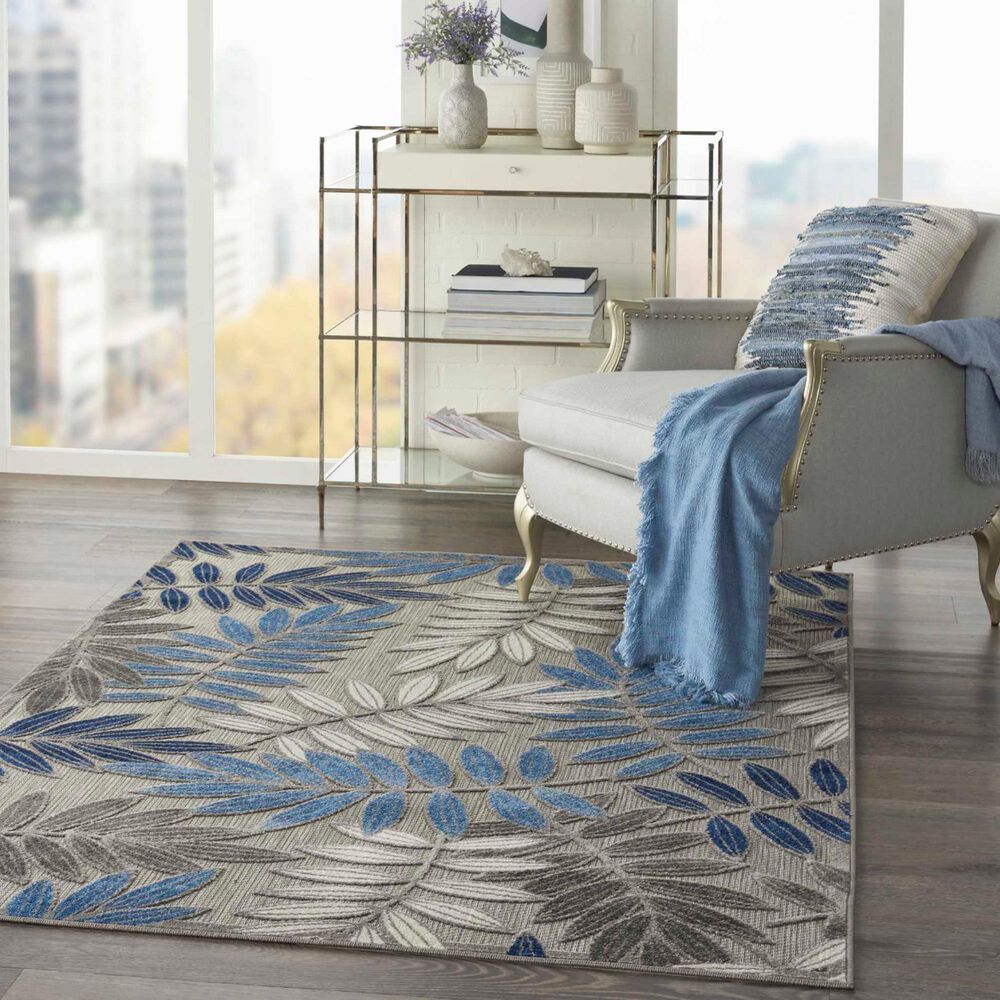 Nourison Aloha Floral 6&#39; x 9&#39; Grey and Blue Indoor/Outdoor Area Rug, , large