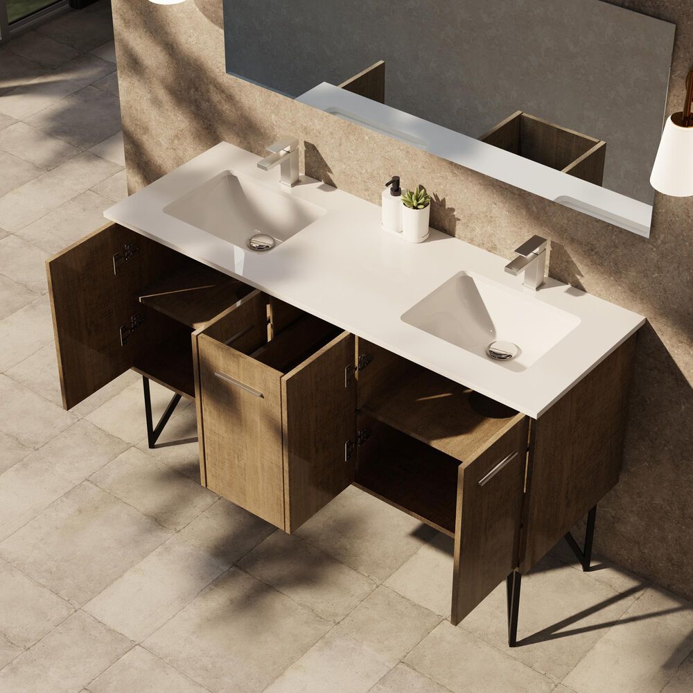 Lexora Home Lancy 60" Double Bathroom Vanity in Rustic Acacia with 2 cm White Cultured Marble Top and Rectangular Sinks, , large