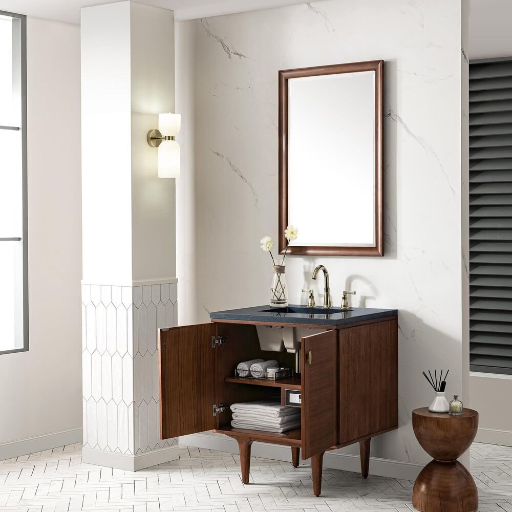 James Martin Vanities Amberly 30&quot; Single Bathroom Vanity in Walnut with 3 cm Charcoal Soapstone Quartz Top and Rectangular Sink, , large