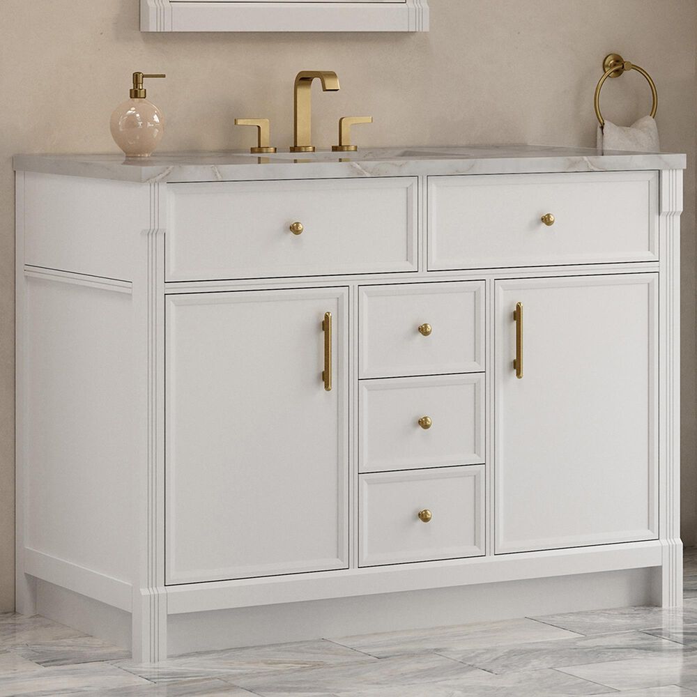 James Martin Bellshire 48" Single Bathroom Vanity in Bright White with 3 cm Victorian Silver Silestone Top, Rectangular Sink and FreePower Wireless Charger, , large