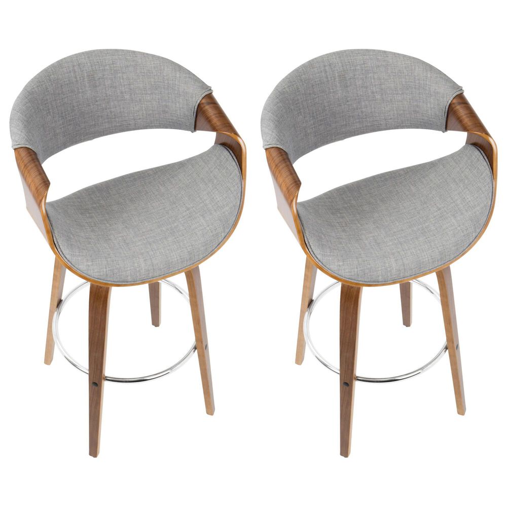 LumiSource Curvini 30" Swivel Barstool with Grey Upholstery in Walnut and Chrome (Set of 2), , large