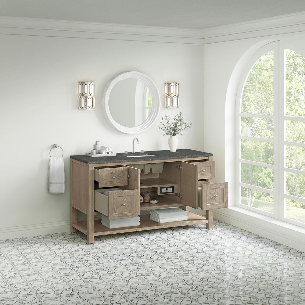 James Martin Vanities Breckenridge 60&quot; Single Bathroom Vanity in Whitewashed Oak with 3 cm Parisien Bleu Quartz Top and Rectangular Sink, , large