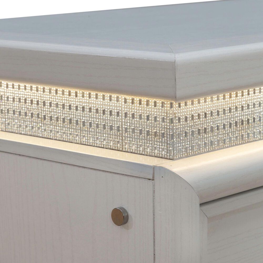 Belle Furnishings Reflections Queen Upholstered Bed with Two Nightstands in Pearl White and Rhinestone, , large