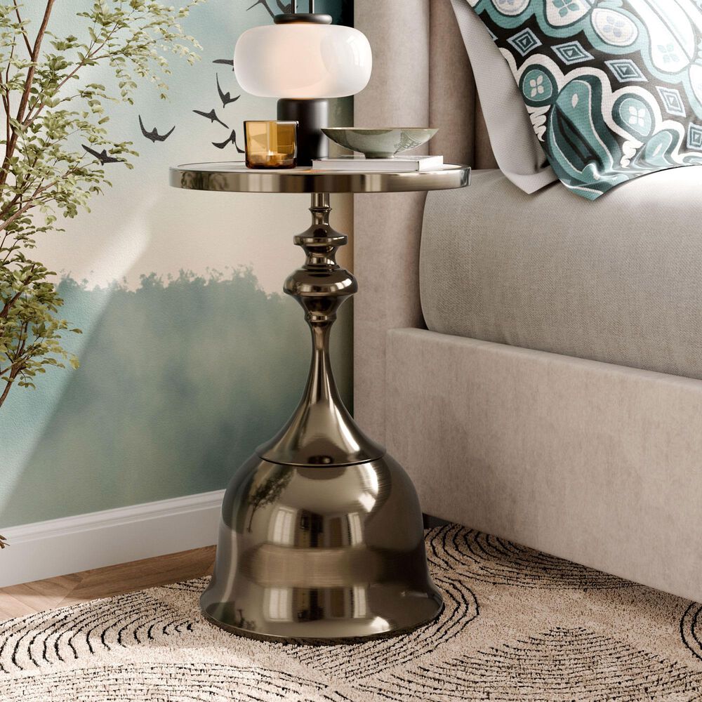 Furniture of America Gleam Round End Table in Antique Brass and White, , large