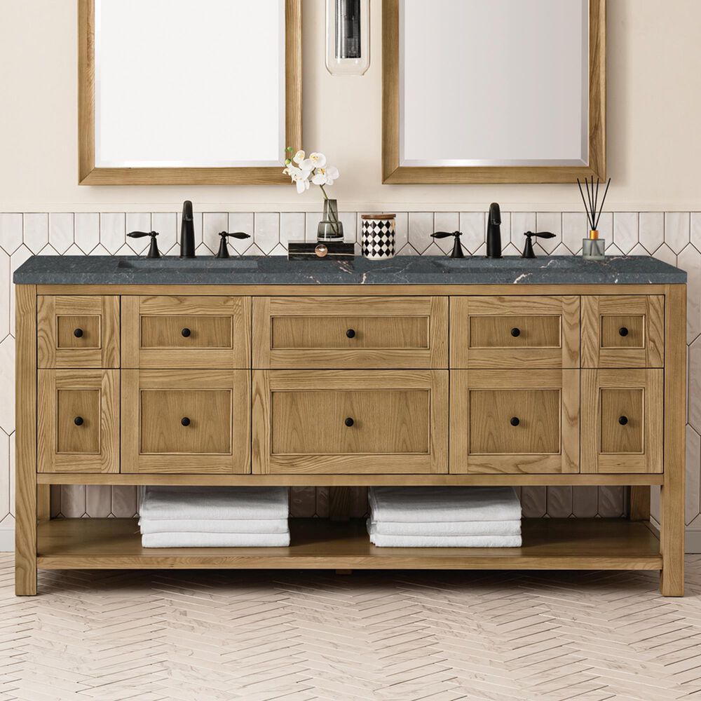 James Martin Vanities Breckenridge 72&quot; Double Bathroom Vanity in Light Natural Oak with 3 cm Parisien Bleu Quartz Top and Rectangular Sinks, , large