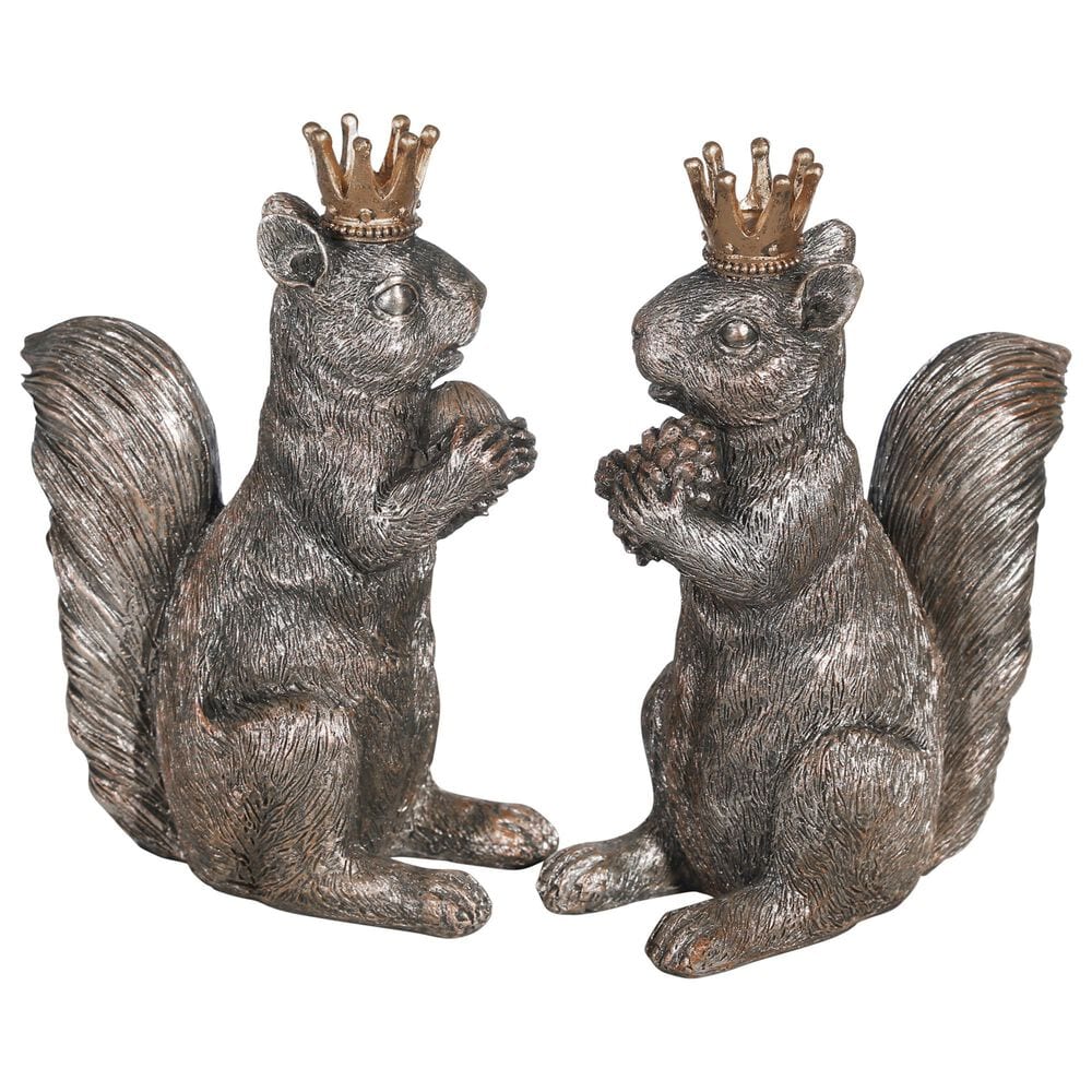 Sagebrook Home 8" Squirrel with Crown Figurine in Silver (Set of 2), , large