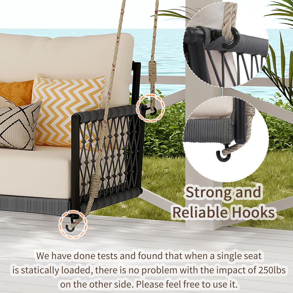 HOMLUX Patio Woven Rope Swing Sofa with Black Steel in Beige, , large