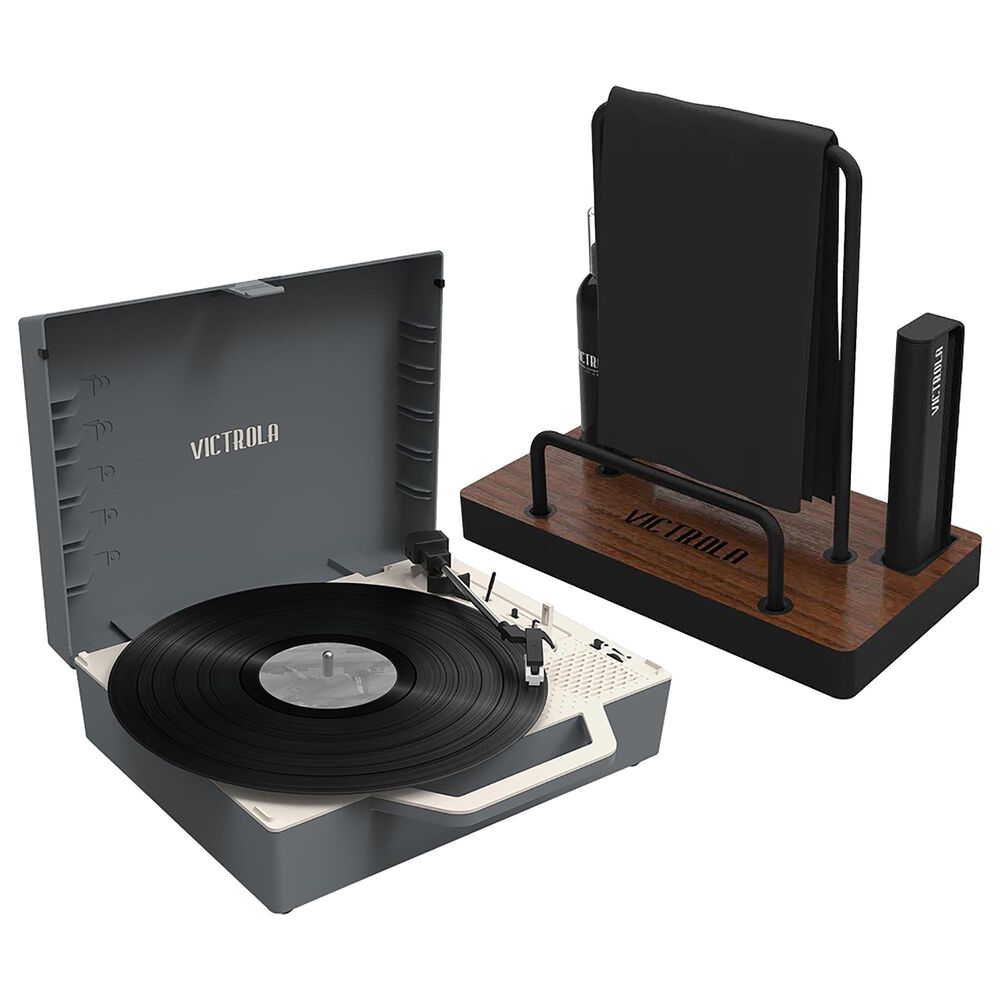 Victrola Re-Spin Sustainable Bluetooth Suitcase Record Player and Cleaning Kit in Grey, , large