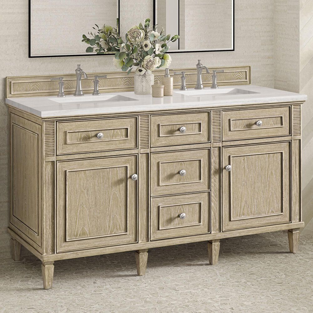 James Martin Vanities Lorelai 60&quot; Double Vanity in Whitewashed Oak with 3 cm Arctic Fall Solid Surface Top, , large