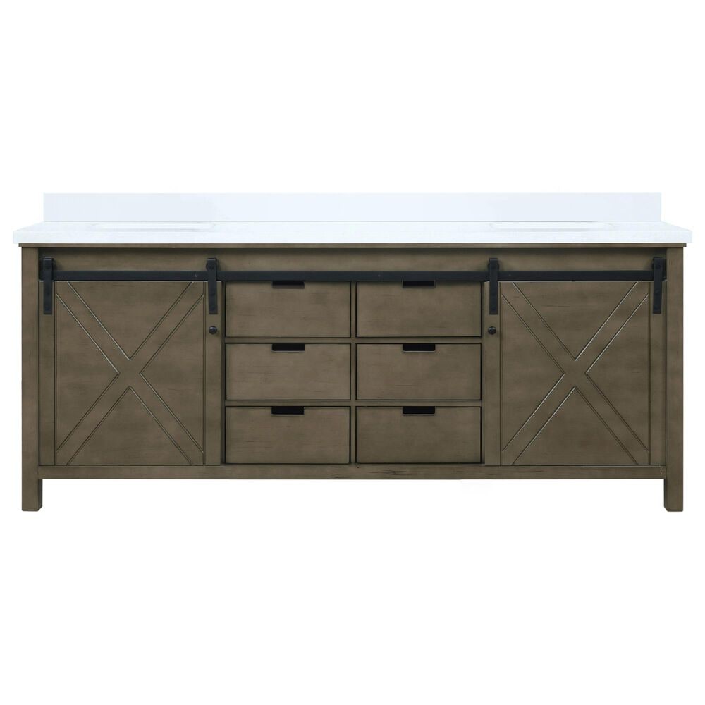 Lexora Home Marsyas 80&quot; Double Bathroom Vanity in Rustic Brown with 2 cm White Cultured Marble Top and Rectangular Sinks, , large