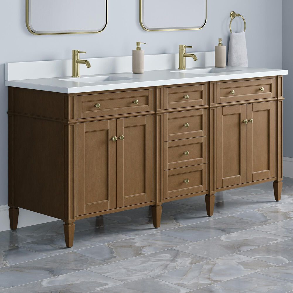 James Martin Brittany 72" Double Bathroom Vanity in Pecan with Single Hole 3 cm White Zeus Silestone Top and Rectangular Sinks, , large