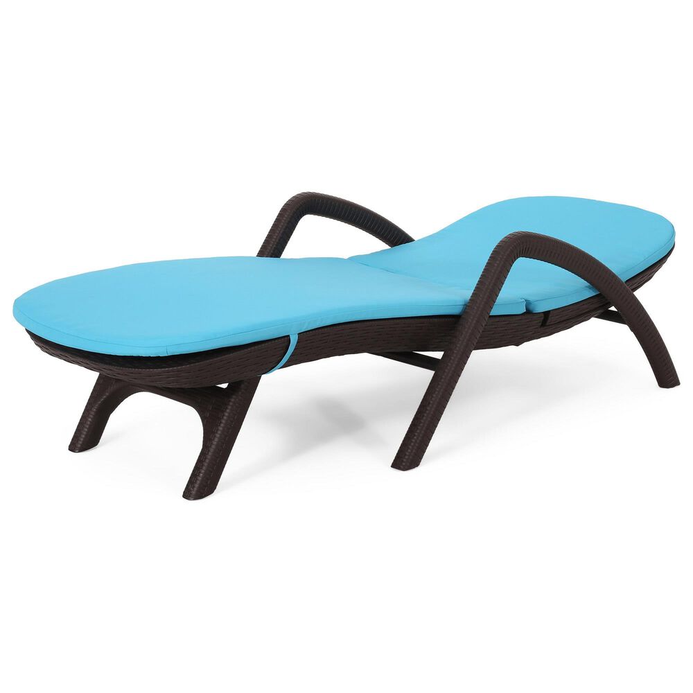 Hearth and Haven Mikael Outdoor Chaise Lounge with Blue Cushion in Dark Brown, , large