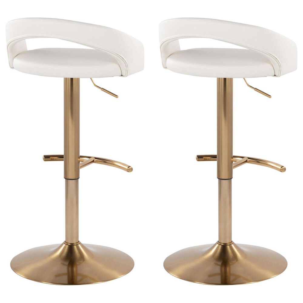 LumiSource Grotto Adjustable Bar Stool with White Faux Leather Upholstery in Gold (Set of 2), , large