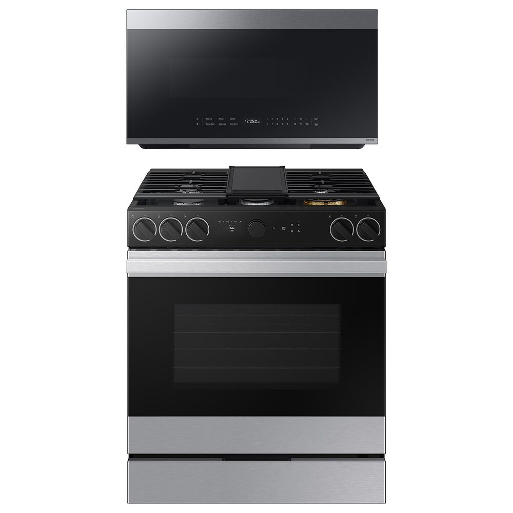 Samsung Bespoke 2-Piece Kitchen Package with 2.1 Cu. Ft. Over-The-Range Microwave and 6 Cu. Ft. Slide In Gas Range in Stainless Steel, , large