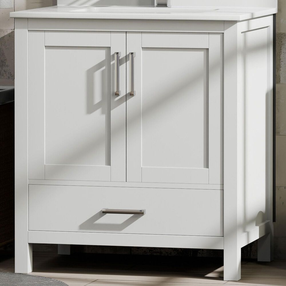 Lexora Home Jacques 30" Single Bathroom Vanity in White with 2 cm White Quartz Top and Rectangular Sink, , large