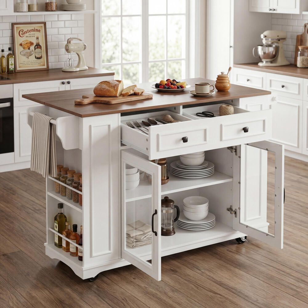 HOMLUX 54" Mobile Kitchen Island with Glass Door Storage in Walnut and White, , large
