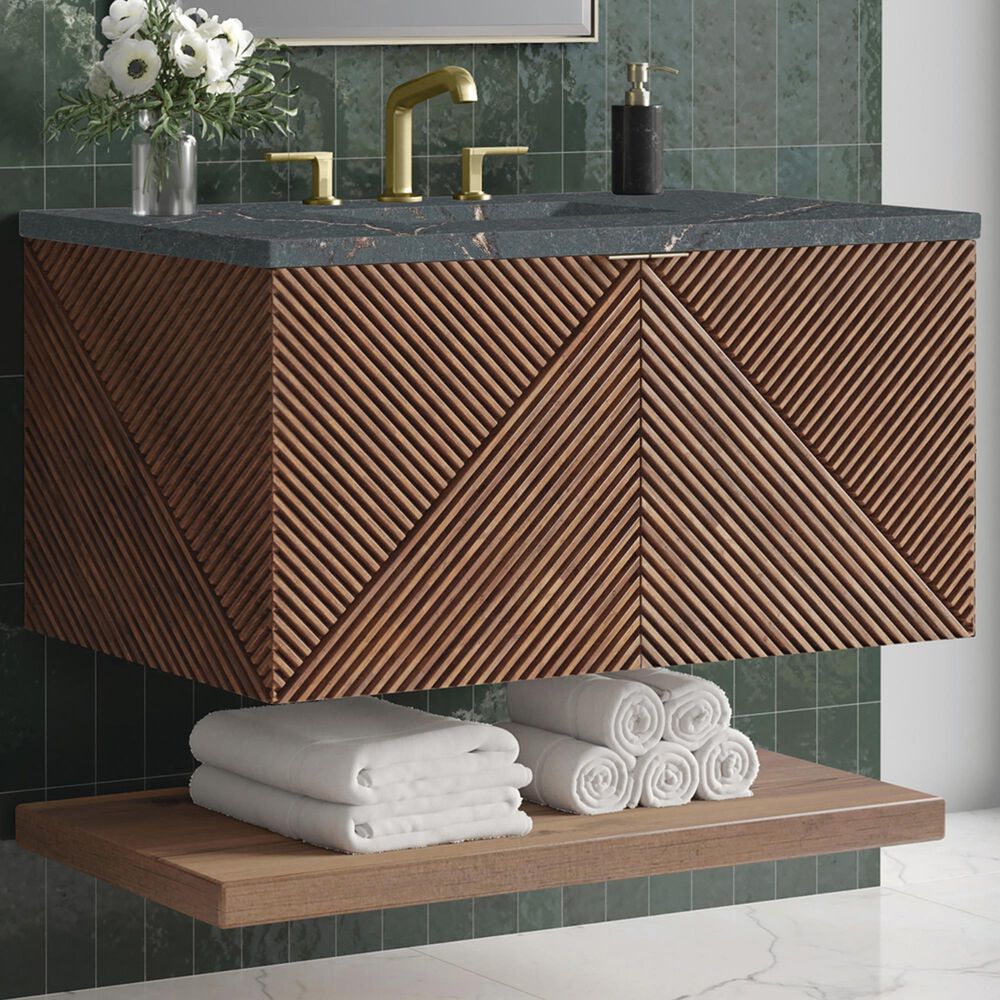 James Martin Vanities Marcello 36" Wall Mounted Single Bathroom Vanity in Chestnut with 3 cm Parisien Bleu Quartz Top and Rectangular Sink, , large