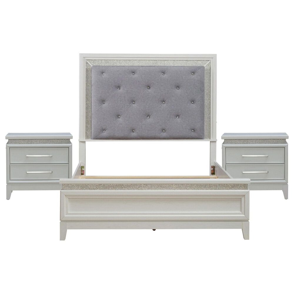 Belle Furnishings Reflections Queen Upholstered Bed with Two Nightstands in Pearl White and Rhinestone, , large
