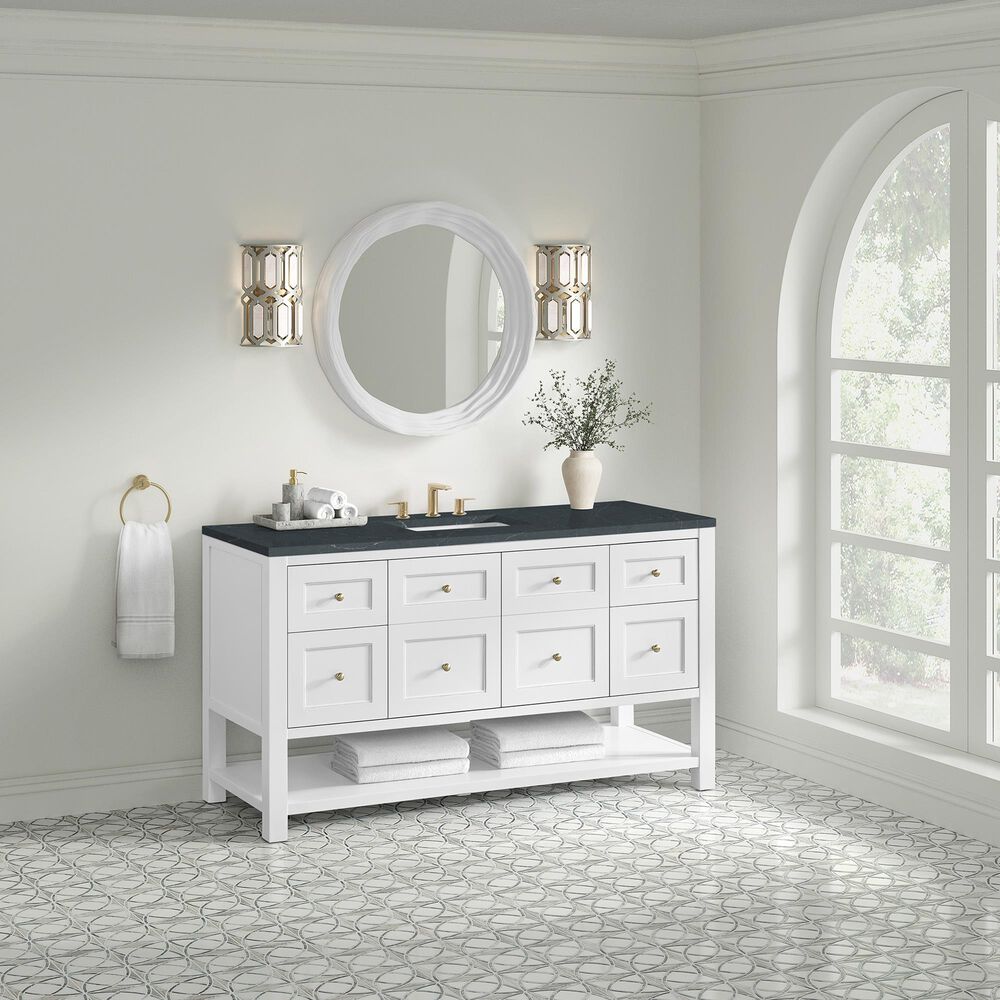 James Martin Vanities Breckenridge 60&quot; Single Bathroom Vanity in Bright White with 3 cm Charcoal Soapstone Quartz Top and Rectangular Sink, , large