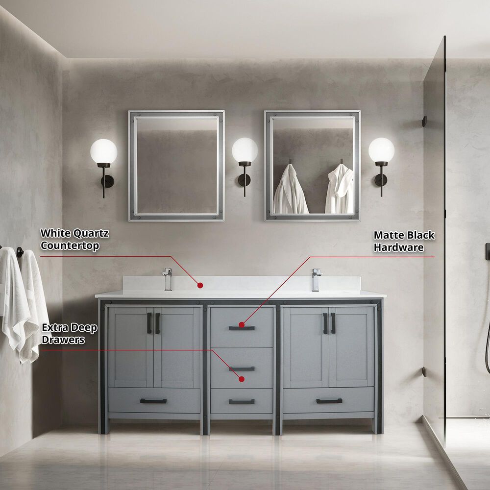 Lexora Home Ziva 72&quot; Double Bathroom Vanity in Dark Grey with 2 cm White Cultured Marble Top and Rectangular Sinks, , large