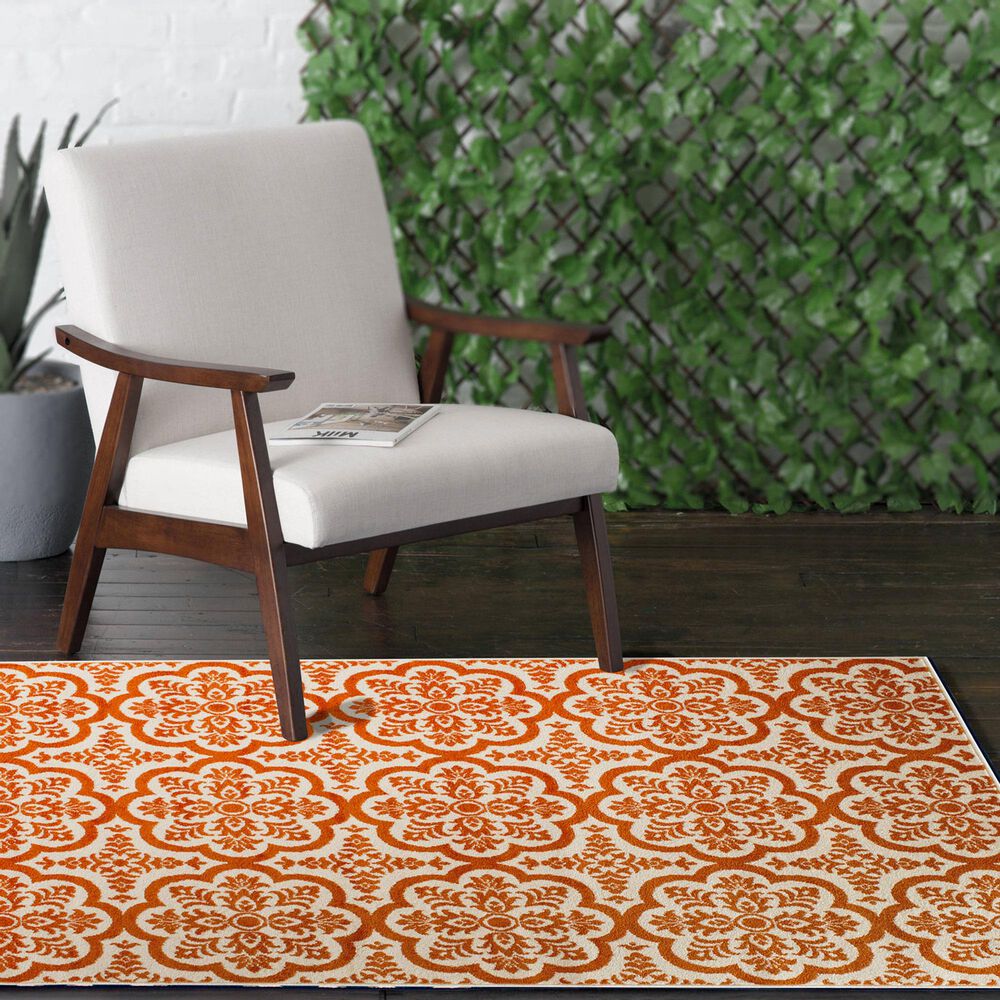 Central Oriental Terrace Tropic Contoy 5&#39; x 7&#39;3&quot; Snow and Tangerine Area Rug, , large