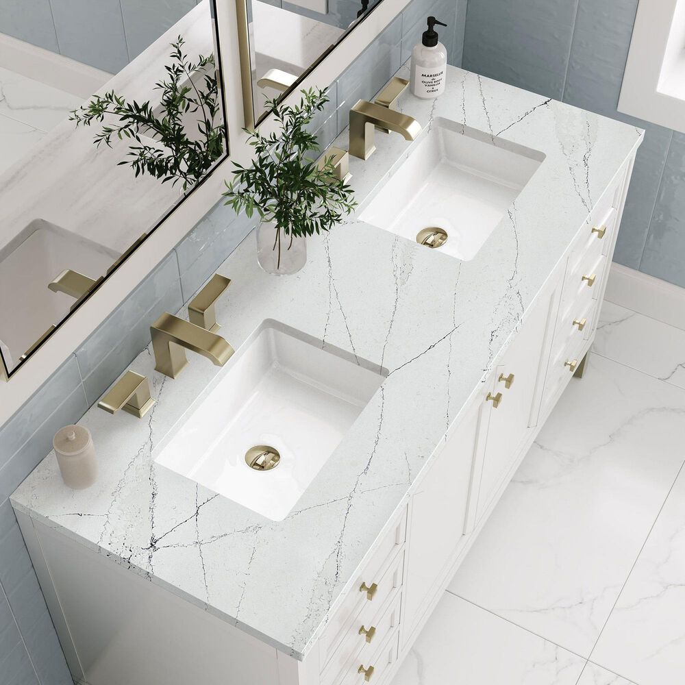 James Martin Vanities Chicago 60&quot; Double Bathroom Vanity in Glossy White with 3 cm Ethereal Noctis Quartz Top and Rectangular Sinks, , large