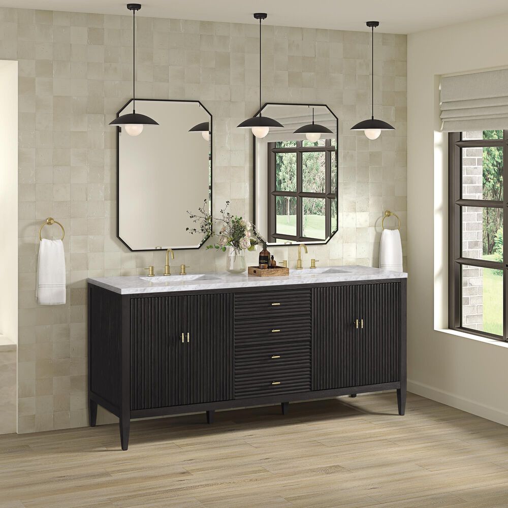 James Martin Vanities Myrrin 72&quot; Double Vanity in Carbon Oak with 3 cm Carrara White Marble Top, , large