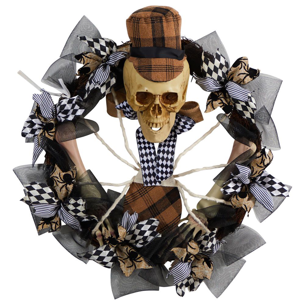 Nearly Natural Inc 24in. Halloween Skull in Plaid Mesh Wreath, , large