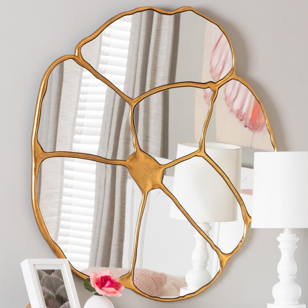 Baxton Studio Novia Flower Accent Wall Mirror in Antique Gold Leaf, , large