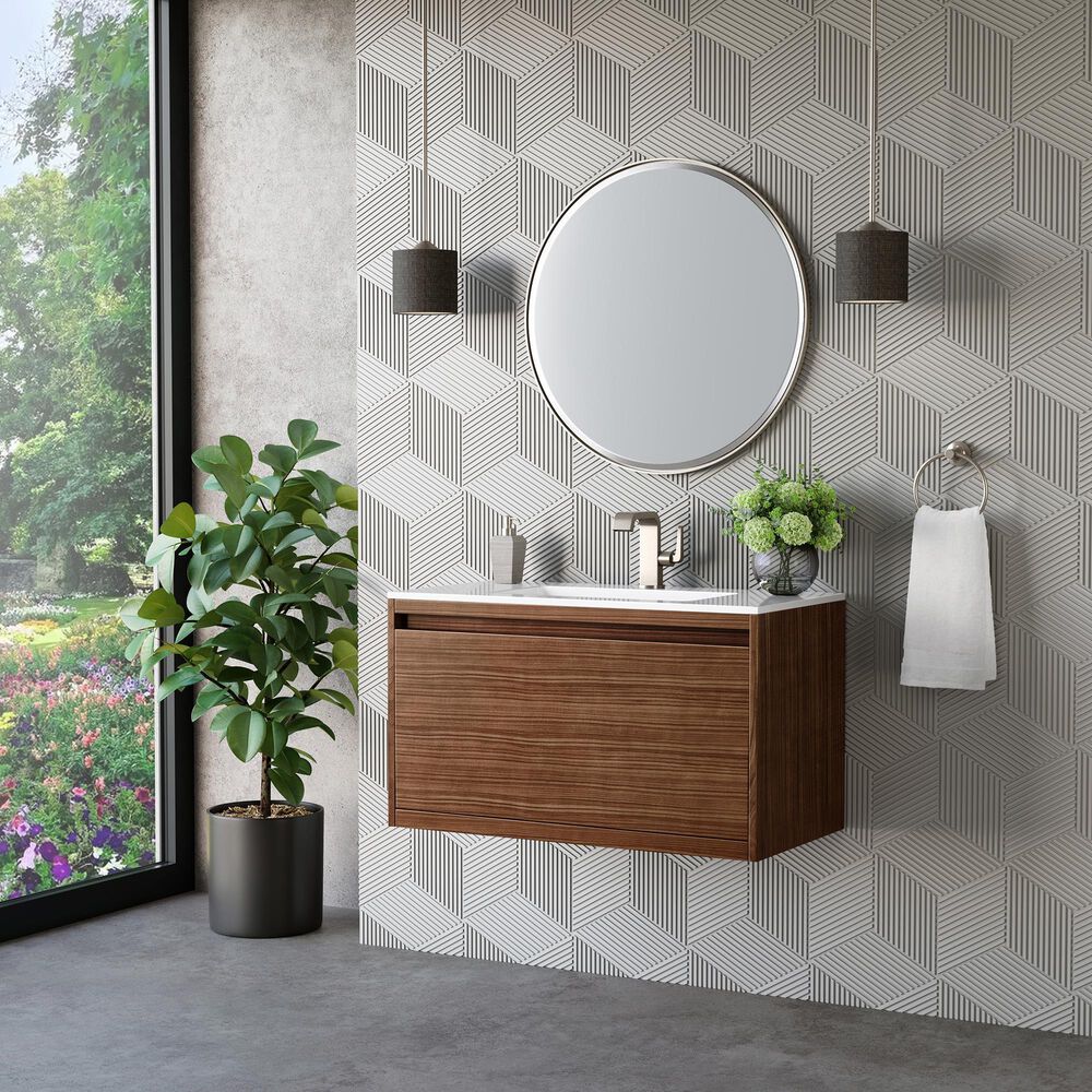 James Martin Vanities Mantova 35.4&quot; Single Vanity in Mid-Century Walnut and Matte Black with 3 cm Glossy White Composite Stone Top and Rectangular Sink, , large