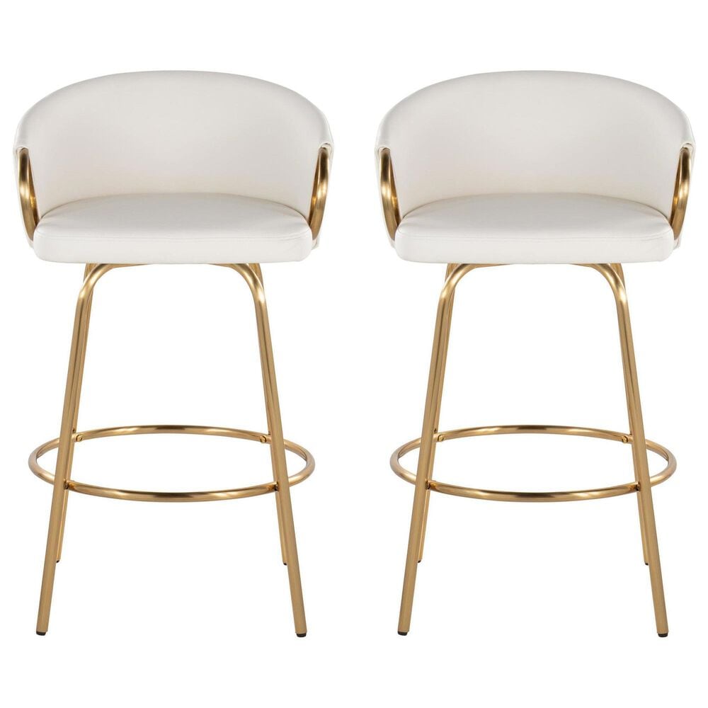 LumiSource Claire Swivel Counter Stool with White Faux Leather Upholstery in Gold (Set of 2), , large