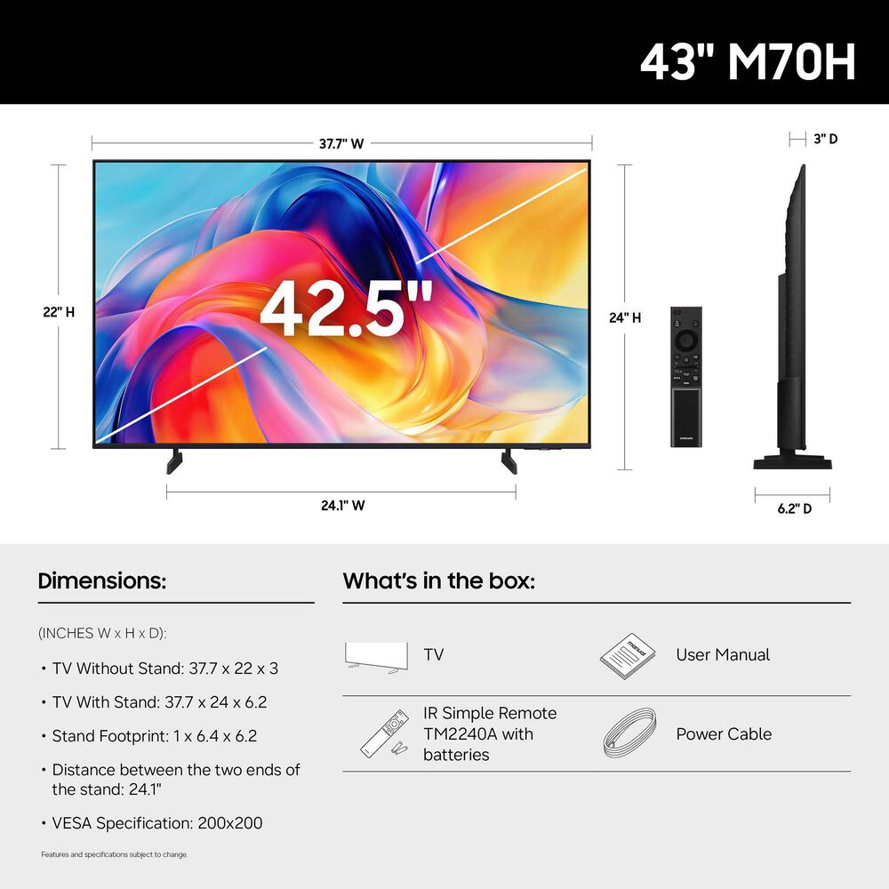 Samsung 43" Class M70H Mini LED 4K UHD Vision AI in Black - Smart TV, , large