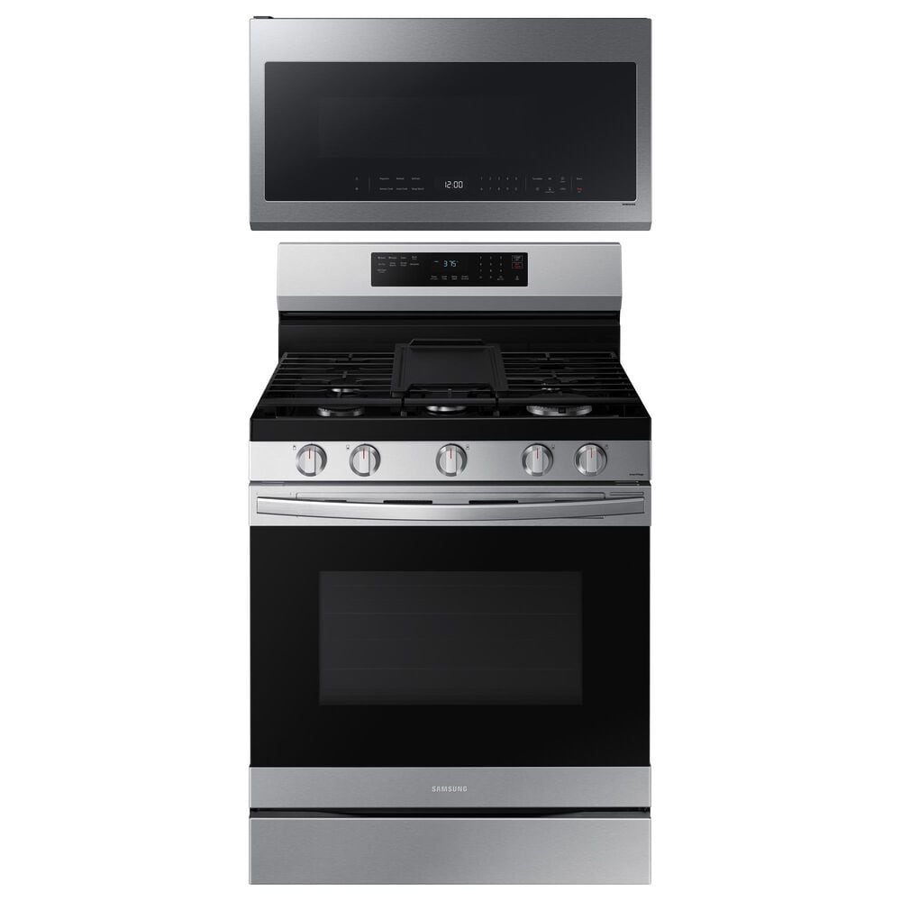 SAMSUNG 2-Piece Kitchen Package with 30" Freestanding Gas Range and 2.1 Cu. Ft. Over-the-Range Microwave in Fingerprint Resistant Stainless Steel, , large