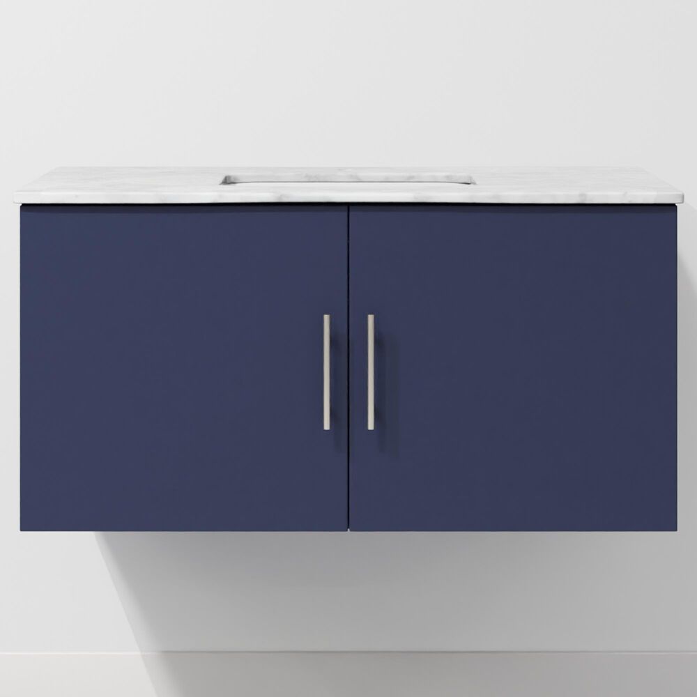 Lexora Home Geneva 36" Single Bathroom Vanity in Navy Blue with 2 cm White Carrara Marble Top and Rectangular Sink, , large