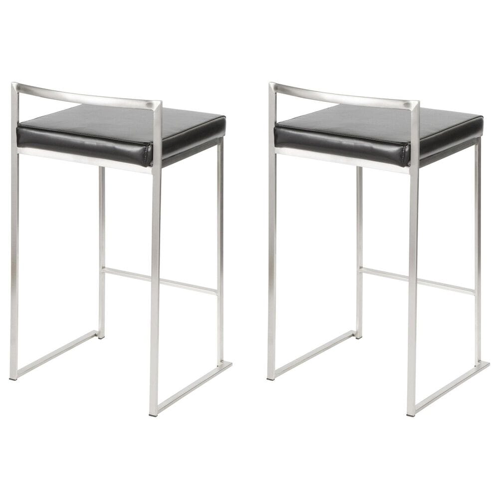 LumiSource Fuji Stackable Counter Stool with Black Faux Leather in Brushed Stainless Steel &#40;Set of 2&#41;, , large