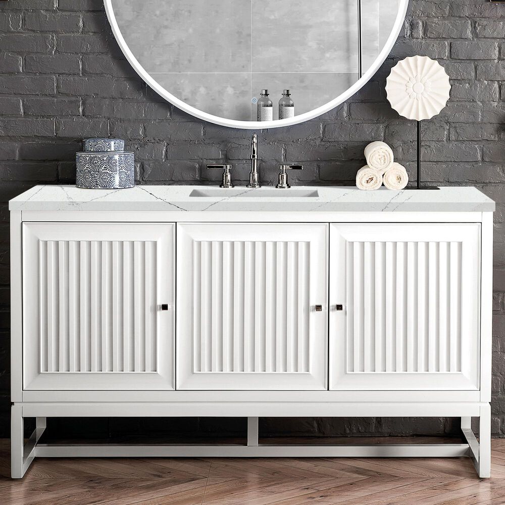 James Martin Vanities Athens 60&quot; Single Bathroom Vanity in Glossy White with 3 cm Ethereal Noctis Quartz Top and Rectangular Sink, , large