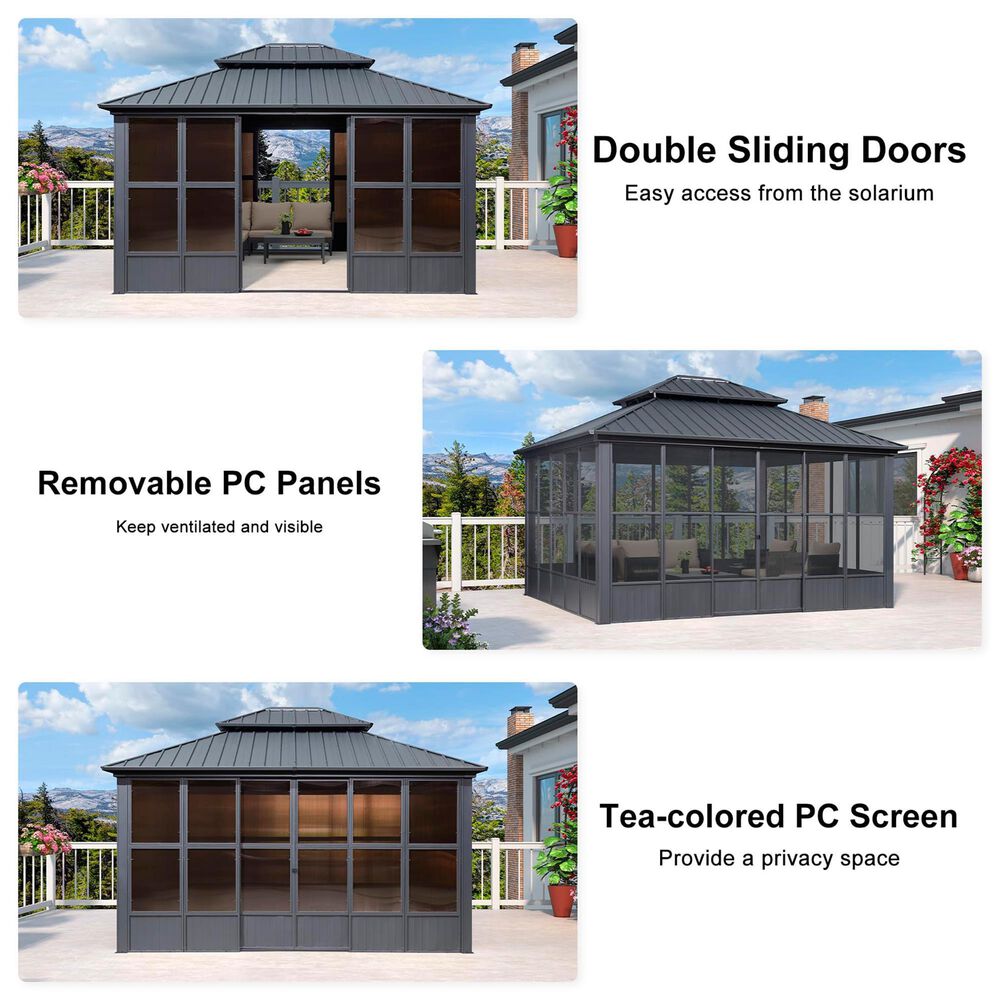 HOMLUX 12' x 14' Outdoor Sunroom Gazebo with Aluminum Frame in Gray, , large