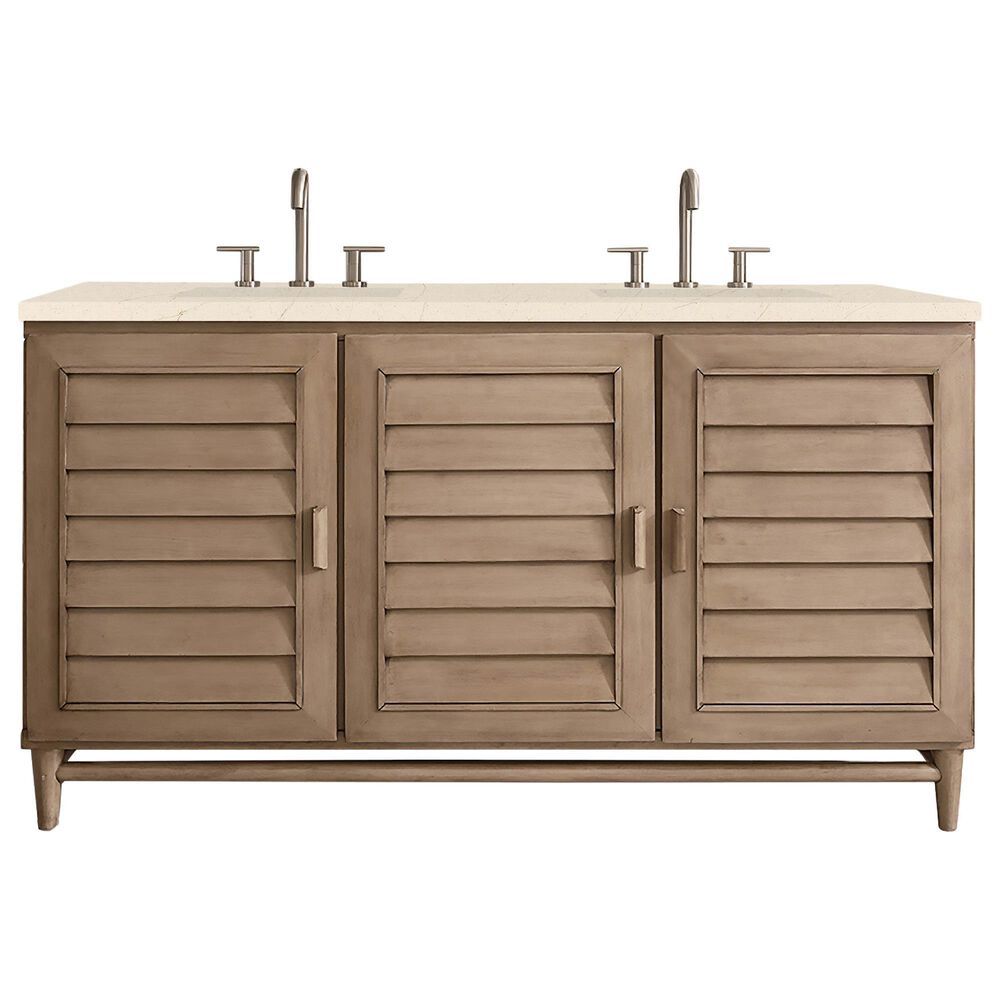 James Martin Vanities Portland 60" Double Bathroom Vanity in Whitewashed Walnut with 3 cm Eternal Marfil Quartz Top and Rectangular Sinks, , large
