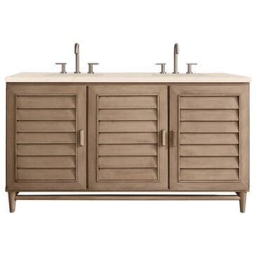 James Martin Vanities Portland 60" Double Bathroom Vanity in Whitewashed Walnut with 3 cm Eternal Marfil Quartz Top and Rectangular Sinks, , large