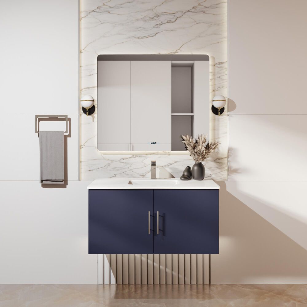 Lexora Home Geneva 36" Single Bathroom Vanity in Navy Blue with 2 cm White Quartz Top and Rectangular Sink, , large