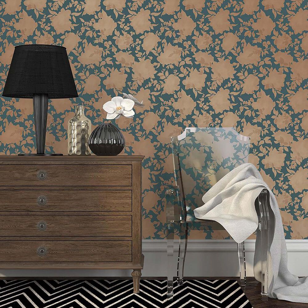 Tempaper Silhouette Peacock Blue & Gold Peel and Stick Wallpaper, , large